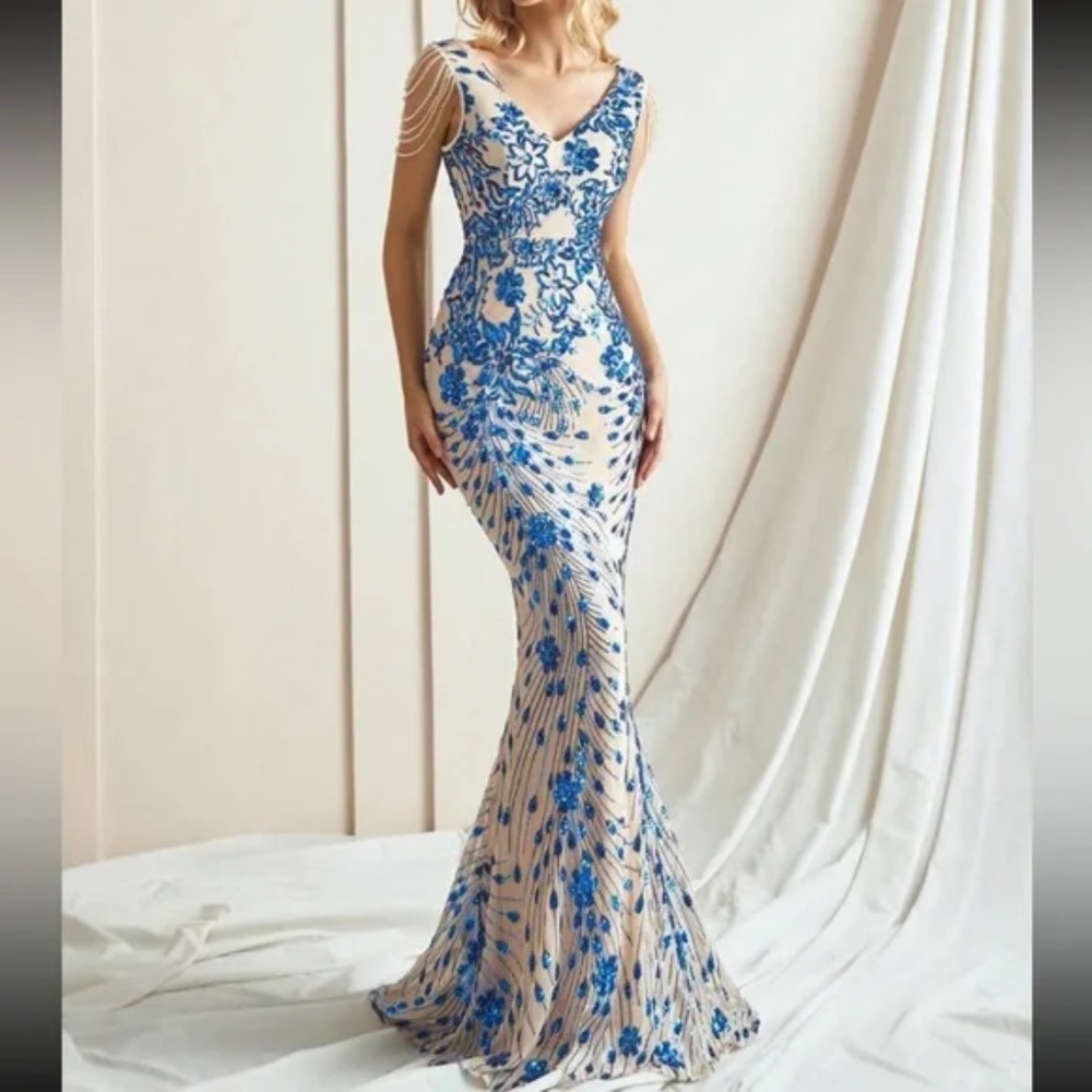 Luxe Floral Sequin Bead Detail Formal Party Wedding Dress - Picture 4 of 9